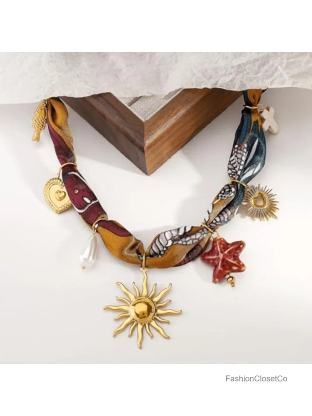 Boho Scarf Necklace with Charms 14K Gold Plated Seashell Starfish